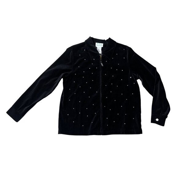 Vintage Quacker Factory Black Velvet Shirt Rhinestones Size Medium 1990s Zip Up - Picture 2 of 7